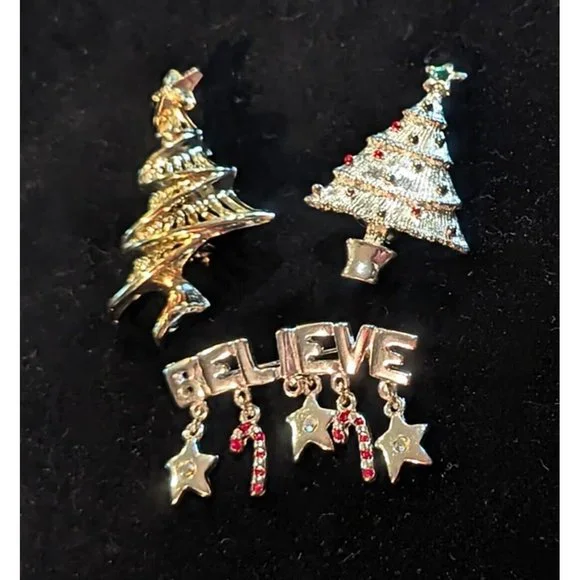 Vintage Christmas Holiday Brooch Pin Lot Of 3 Christmas Tree Believe Festive - Picture 2 of 9